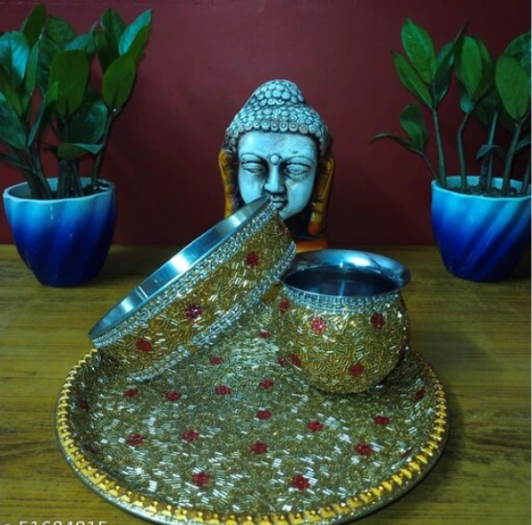 NEELMAYA Stainless Steel  Decorative  karwa chauth thali set pack of 1 - Free Size, Golden, Stainless Steel, Karwachuth, Set of 3